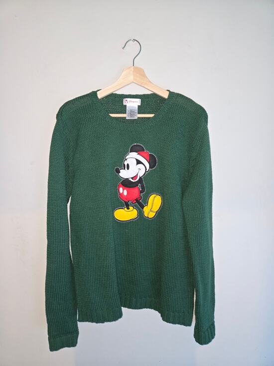 Disney Store Sweaters - Vintage Disney Mickey Mouse Festive Sweater Green Cotton Blend M Park Style Knit